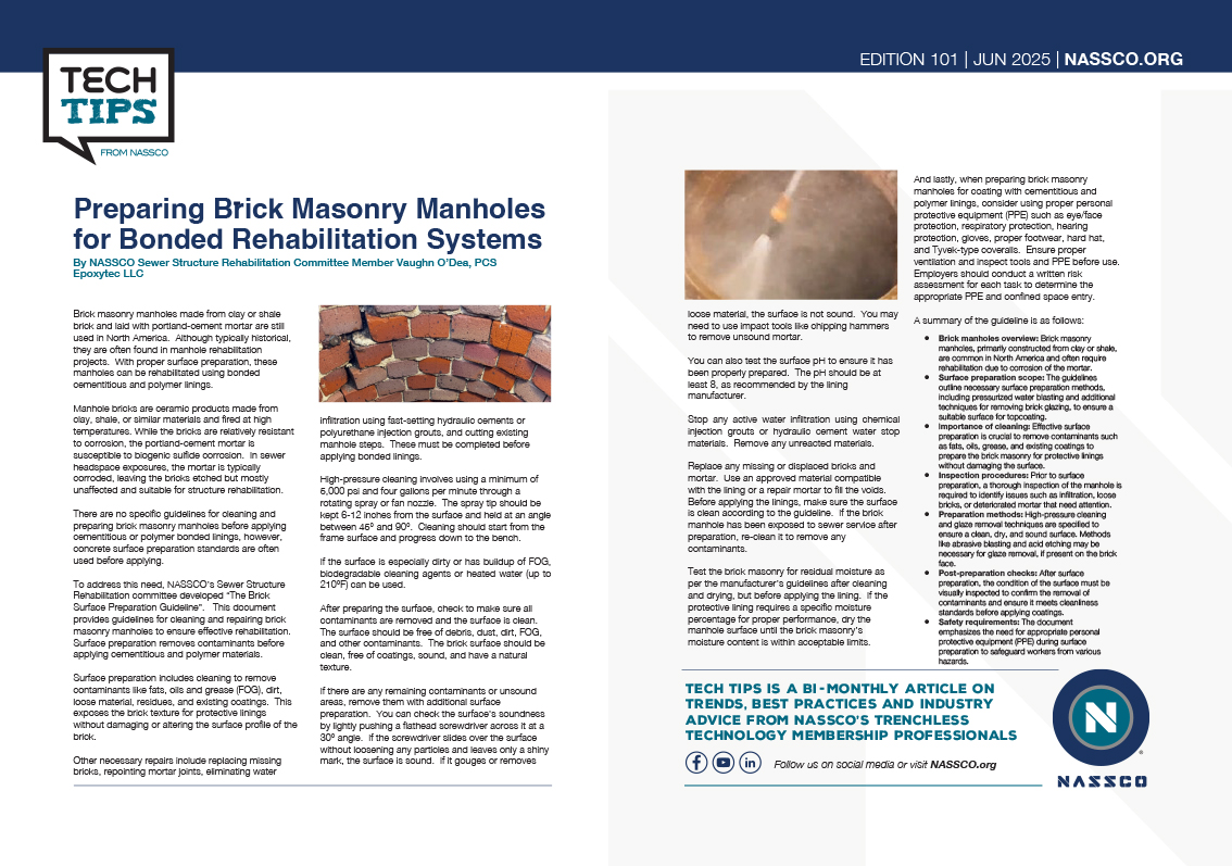 Preparing Brick Masonry Manholes for Bonded Rehabilitation Systems